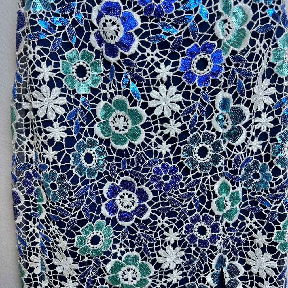 Dress the Population Blue White Floral Backless Lace Midi Dress - Picture 3 of 14